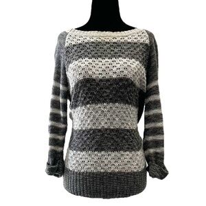 Ricki’s Sweater Lightweight Open Weave Cotton Grey Stripes Size Small
